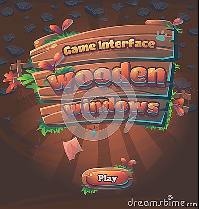 Wooden game user interface play window Vector Illustration