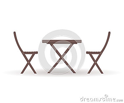 Wooden garden furniture or a set of furniture for the balcony: a folding table and chairs isolated on a white background. Vector Vector Illustration