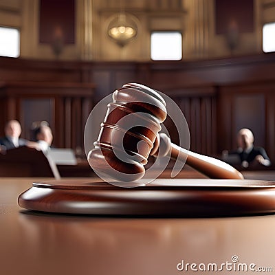 Wooden gavel in courtroom with lawyers behind Stock Photo