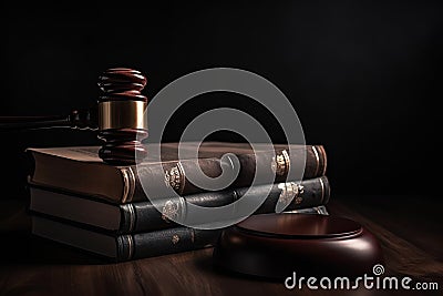 Wooden gavel and law books on wooden table. Law concept. Judge Gavel and Scales of Justice in the Courthouse, Ai Generated Stock Photo