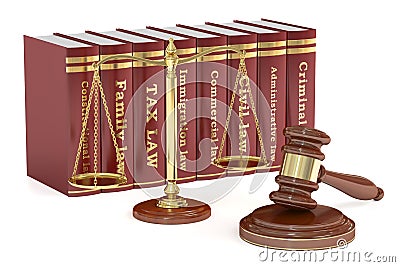 Wooden gavel, low books and golden scales of justice. Justice co Stock Photo