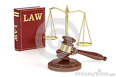 Wooden gavel, low and golden scales of justice. Justice concept, 3D rendering Stock Photo