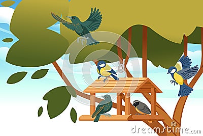 Wooden gazebo-like bird house hanging from a tree, with different bird around it. Hanging gazebo unique and airy shelter for birds Vector Illustration