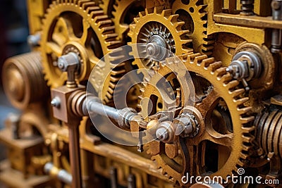 wooden gear mechanism in antique machinery Stock Photo