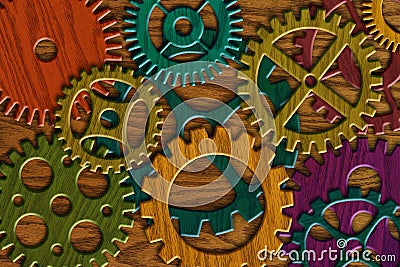 Wooden Gears on Wood Grain Texture Background Stock Photo