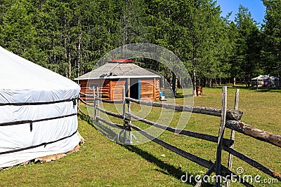 A wooden ger in Mongolia Stock Photo