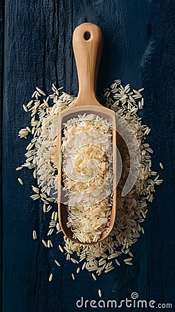 Wooden Grain Scoop with White Rice Organic Food Presentation Stock Photo