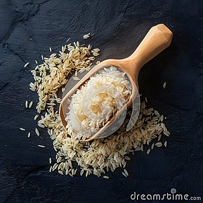 Wooden Grain Scoop with White Rice Organic Food Presentation Stock Photo