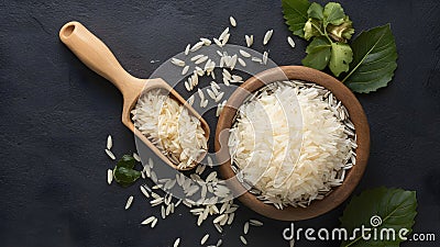 Wooden Grain Scoop with White Rice Organic Food Presentation Stock Photo