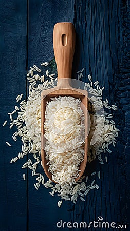 Wooden Grain Scoop with White Rice Organic Food Presentation Stock Photo