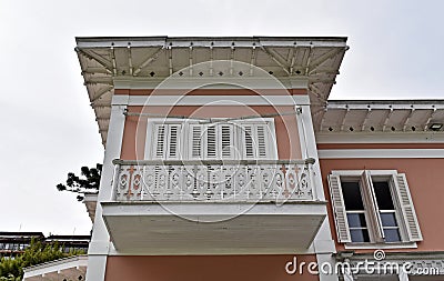 Wooden grid balcony on facade in Petropolis Stock Photo