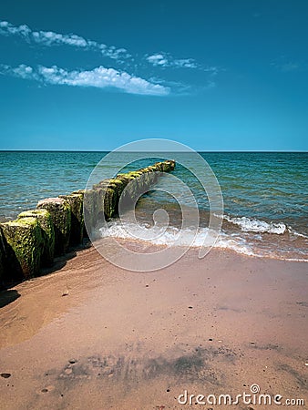 A Wooden groynes lead as breakwaters into the Baltic Sea Stock Photo