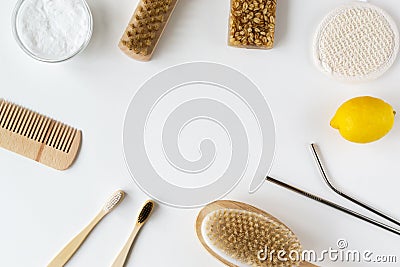 Wooden hair comb, face wash, hand made oatmeal soap, soda, lemon, metal drink straws, brush, bamboo toothbrushes. Stock Photo