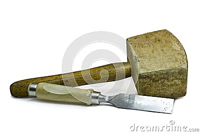 Wooden hammer and chisel Stock Photo