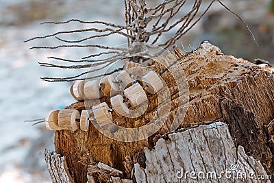 Wooden handmade necklace outdoors Stock Photo