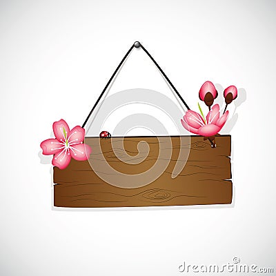 Wooden hanging sign with cherry blooming flowers pink petals Vector Illustration