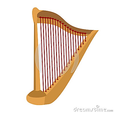 Wooden harp on white background. Classical string musical instrument Cartoon Illustration