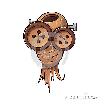 Wooden head, face people. Cartoon illustration. Vector Illustration