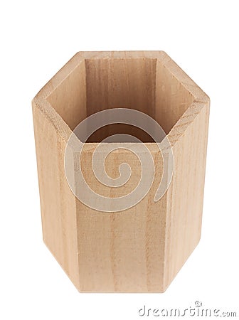 Wooden hexagonal pencil desk holder isolated on white Stock Photo