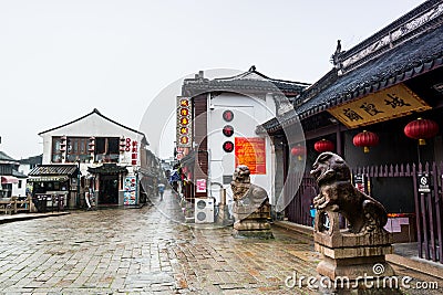 Wooden historic buildings of city temple in Zhujiajiao Editorial Stock Photo