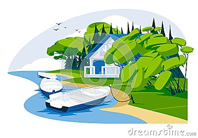 wooden holiday house near a river or lake with boats. Cartoon Illustration