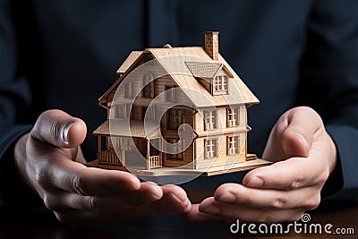 Wooden home guarded Businessmans hand shields symbolic real estate model Stock Photo