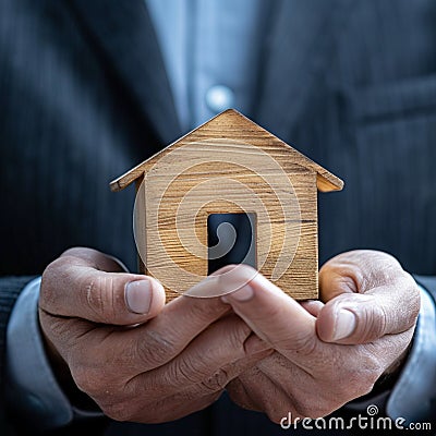 Wooden home guarded Businessmans hand shields symbolic real estate model Stock Photo