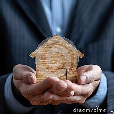 Wooden home guarded Businessmans hand shields symbolic real estate model Stock Photo