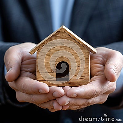 Wooden home guarded Businessmans hand shields symbolic real estate model Stock Photo