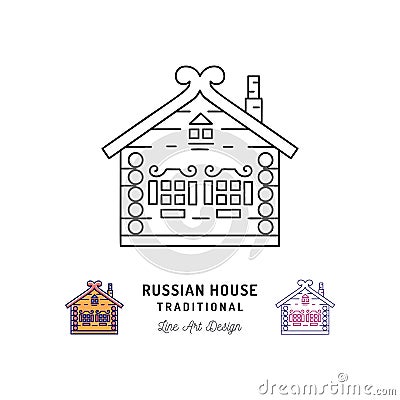 Wooden home, House of Santa Claus, Russian house traditional. Traveling in Russia symbol, thin line art icons. Vector Vector Illustration