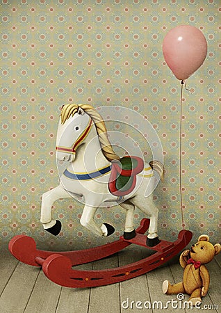 Wooden horse and teddy bear Cartoon Illustration