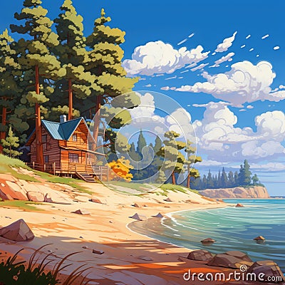 Cartoon Beach Log Cabin: Vibrant Illustrations Of A Wooden House On The Shore Stock Photo