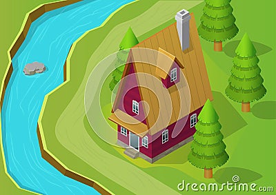 Wooden house beside a beautiful stream Vector Illustration