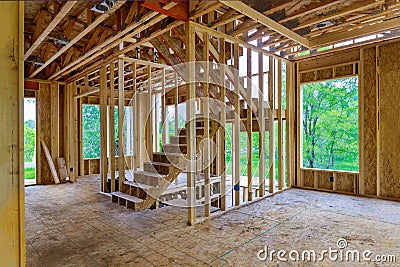 Wooden house construction home framing interior residential home Stock Photo