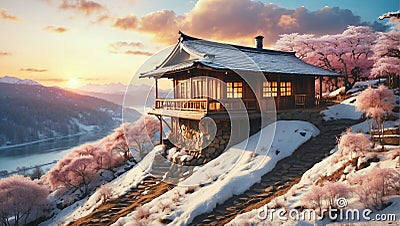 Wooden house with elements of traditional Japanese architecture on a hillside on a magical winter sunset Stock Photo