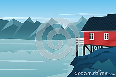 Wooden house exterior with beautiful lake and mountain landscape. Norway. Red house. Scandinavia. Vector illustration Vector Illustration