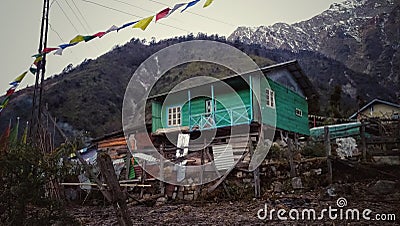 A wooden house at Lachung North Sikkim . Mountains house. Stock Photo