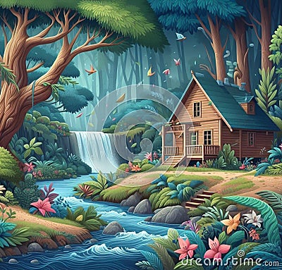 A wooden house in a middle of a whimsical jungle with small waterfall, tree, wildflowers, butterflies, wallart design Stock Photo