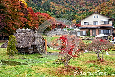 Wooden house model at Kawaguchiko maple corridor Stock Photo