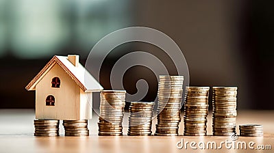 Wooden house model and stacks of coins, saving money to buy a house, investment property and financial plan concept. Generative AI Stock Photo