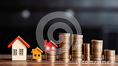Wooden house model and stacks of coins, saving money to buy a house, investment property and financial plan concept. Generative AI Stock Photo