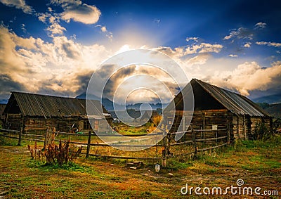 The wooden house of Mongolian tuwa people in hemu village, xinjiang Stock Photo