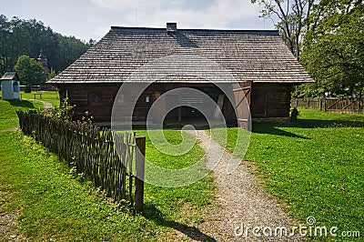 Wooden house in open air musem near Bardejovske kupele spa resort during summer Stock Photo