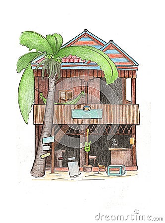 Wooden house and palm tree drawing. Cambodia travel sketch. Koh Rong tropical island colorful postcard. Cartoon Illustration