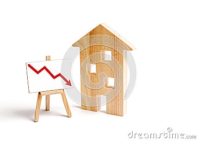 A Wooden house and red arrow down. concept of falling prices and demand for real estate, crisis and recession Stock Photo