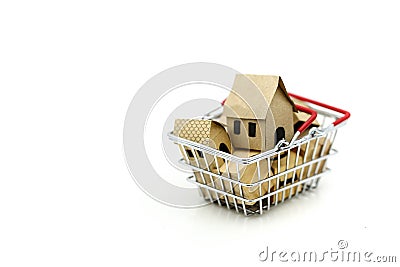 Wooden house in a shopping basket,Property investment and house Stock Photo