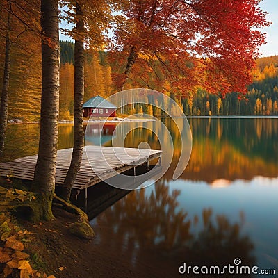 Wooden house on the shore of a lake in autumn Cartoon Illustration