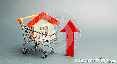 Wooden house in a supermarket trolley and red arrow up. The concept of increasing the cost of housing. High demand for real estate Stock Photo