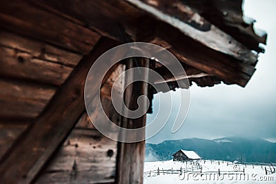 Wooden house in winter forest Stock Photo