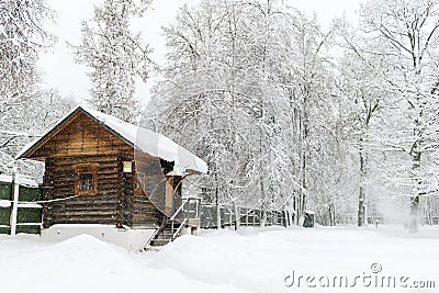 Wooden house. Winter landscape. Russia, Polygon Drozhzhino. Stock Photo